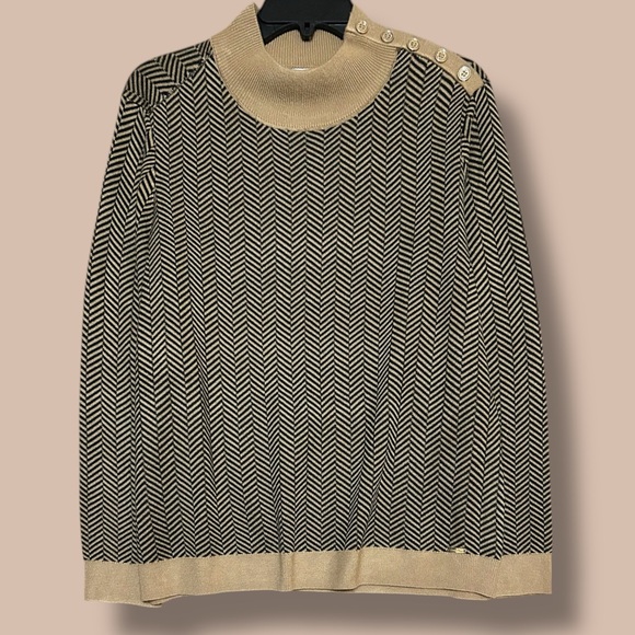 Calvin Klein Brown Black Chevron Sweater Gold Accents Mock Neck Size Large - Picture 3 of 10
